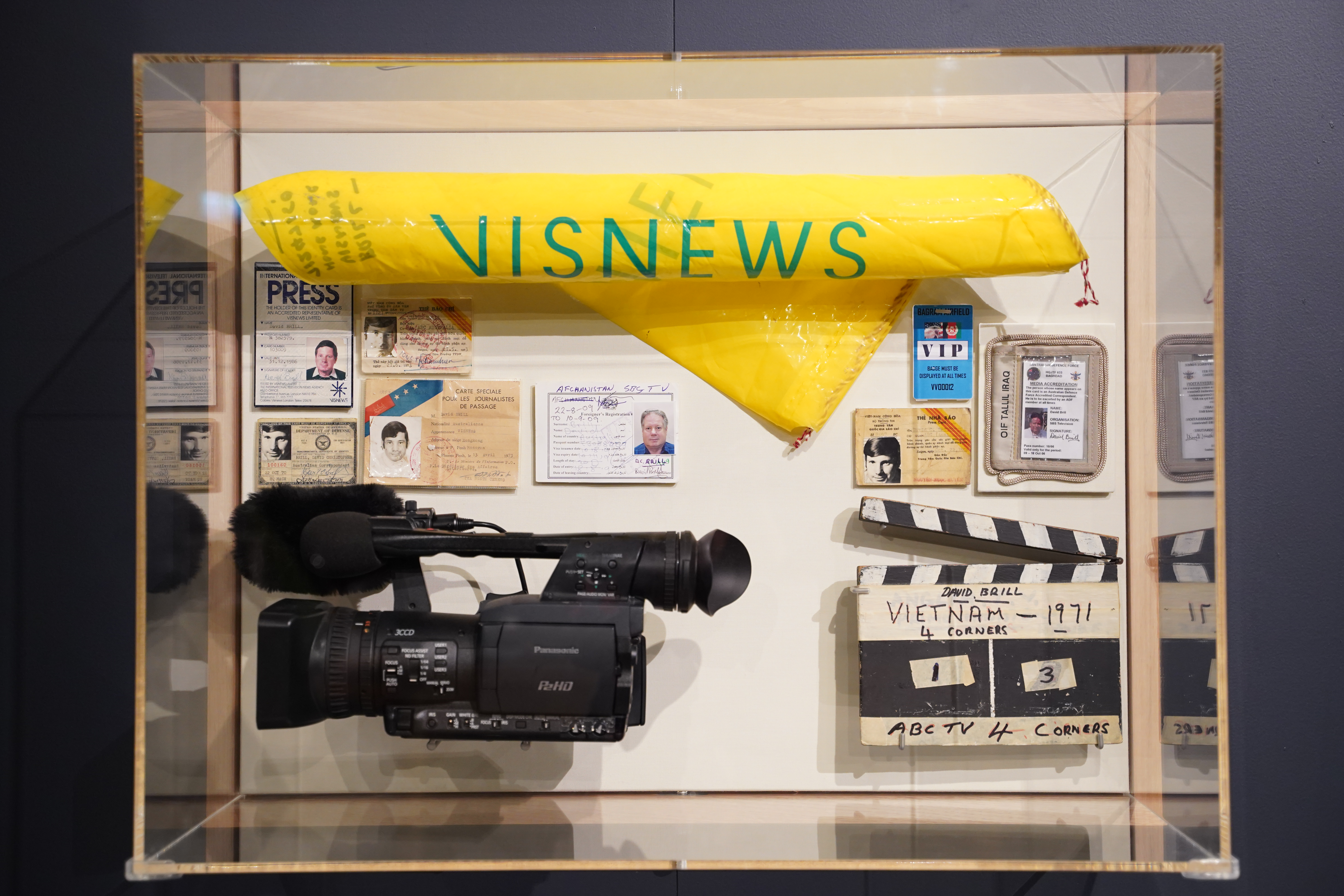 Objects and memorabilia belonging to Tasmanian combat cinematographer David Brill, featured in Action! Film and War