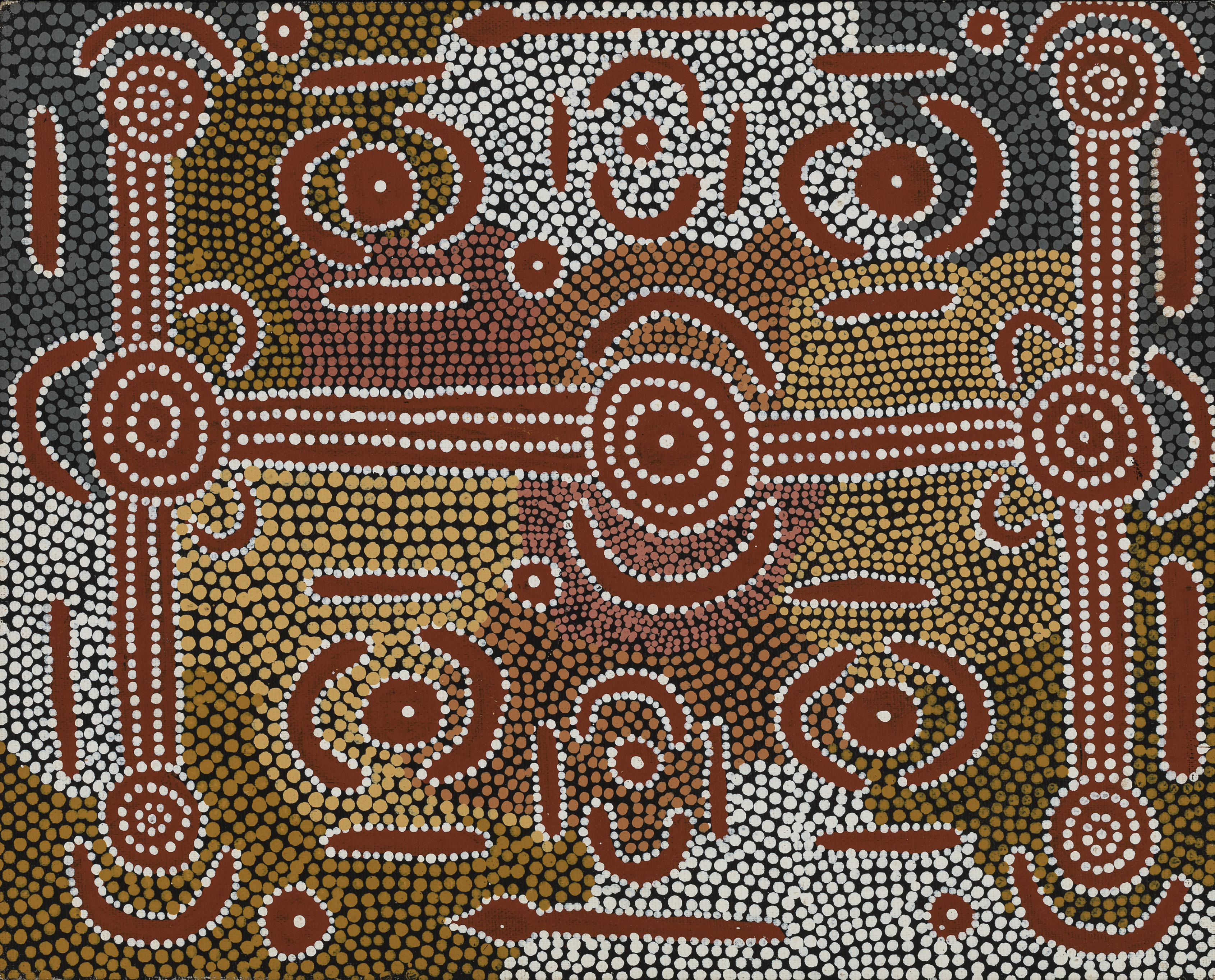 Maudie Petersen Nungurrayi (born c.1937 – 2006), Warlpiri language group, Untitled, 1984, synthetic polymer powder paint on composition board, 31 x 38 cm. Photo: Andrew Curtis. © Maudie Petersen Nungurrayi, Aboriginal Artists Agency Ltd 